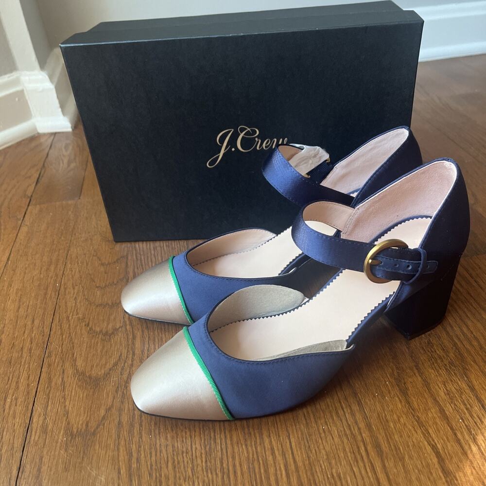 J Crew‎ Satin Colorblock Mary Jane Block Heels 7.5 Raw Indigo New with Box